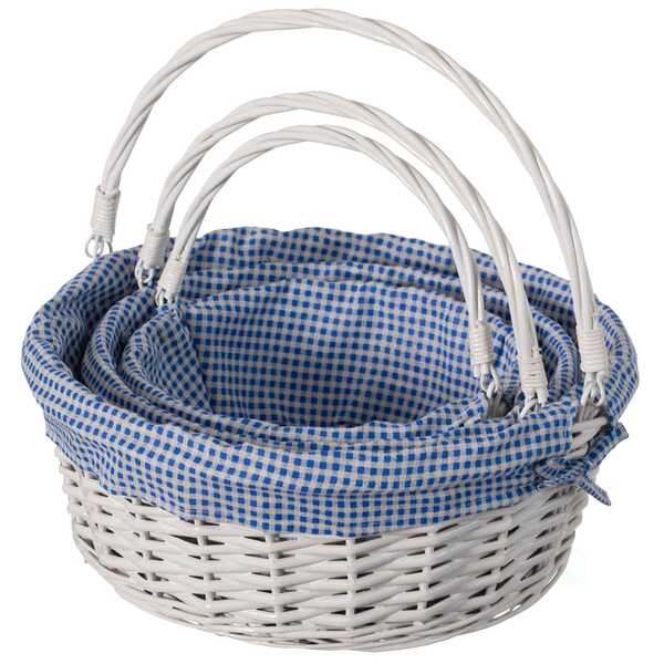 Wickerwise White Round Willow Gift Basket with Blue and White Gingham Liner and Sturdy Foldable Handles, 3 Set QI004620.BL.3